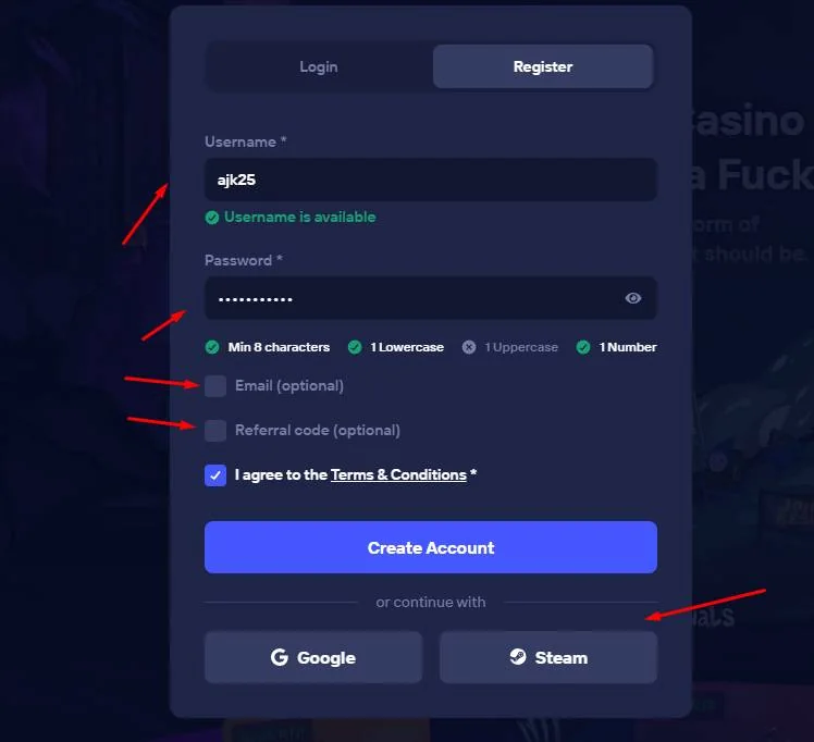 Duel rekisteröintilomake ja referral code -kenttä